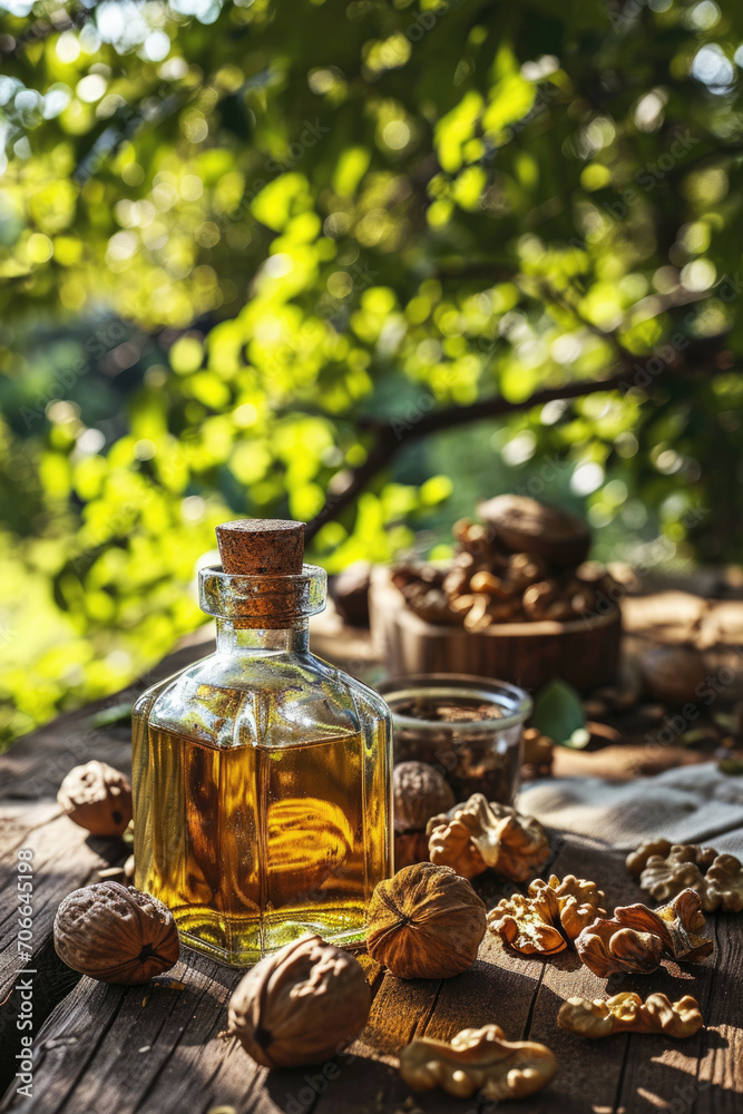 Walnut oil stands in a glass bottle on a wooden table with walnuts on a background of greenery