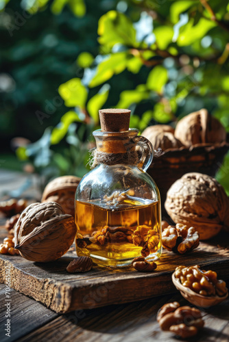 Walnut oil stands in a glass bottle on a wooden table with walnuts on a background of greenery