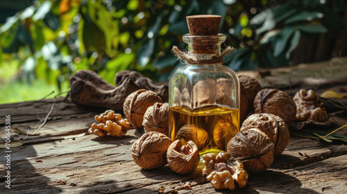 Walnut oil stands in a glass bottle on a wooden table with walnuts on a background of greenery