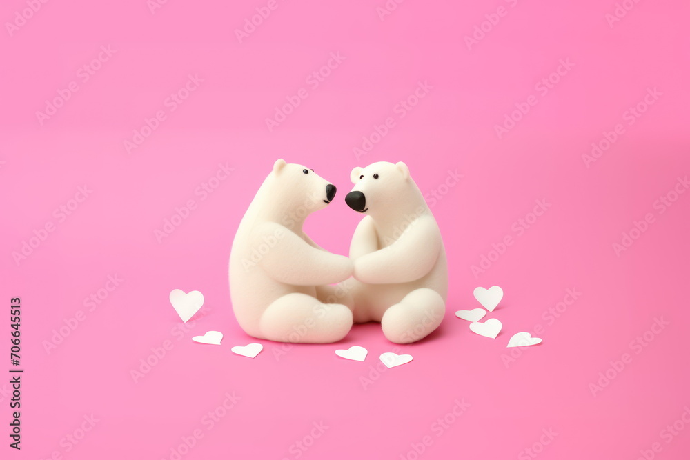 Two clay polar bears sitting together holding hands on pink background. A couple of toy 3d bears in clay style with paper hearts. Copy space for text. Concept of love, Valentine's Day, Birthday