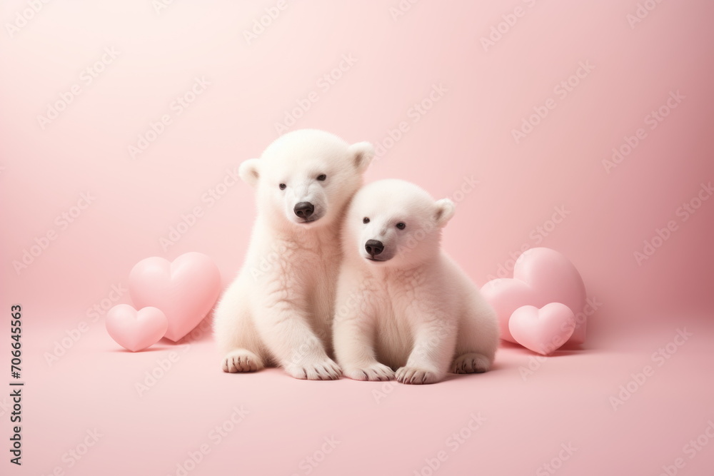 Two cute small polar bear cubs sitting in front of pink 3d hearts on a solid soft pink background. Little bears couple photo. Concept of love, Valentine's Day. For banner, poster, card, postcard