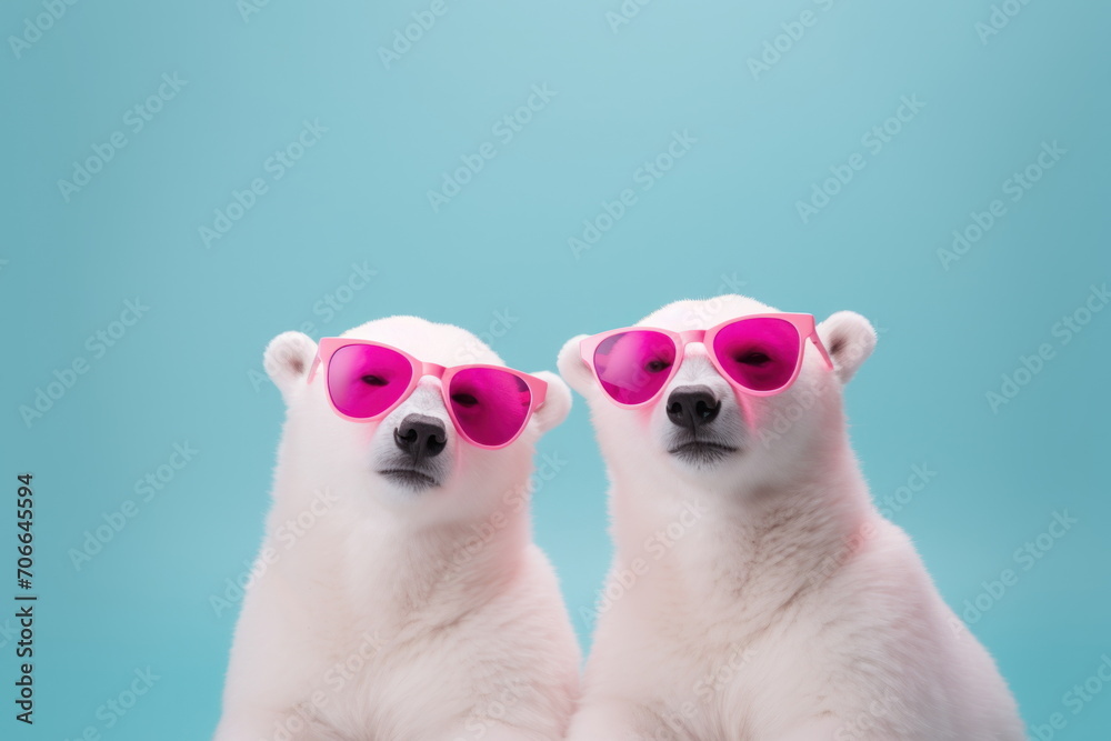 Close up portrait of two polar bears in purple pink sunglasses on a blue background. Funny animals concept. For banner, poster, card, postcard