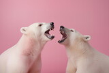 Two polar bears playfully roaring at each other against a solid pink background. Concept of Debate, Relationship conflict and dispute. For banner, poster, card, postcard