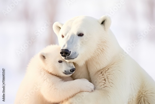 A mother polar bear and her cub. Photo of cute bears couple. Concept of love, Mother's Day, motherhood, fatherhood, parenting and wildlife conservation and protection