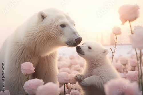 A photo of a polar bear and her cub in a field of soft pink rose flowers. Concept of love, Mother's Day, family, Valentine's Day and wildlife conservation. photo