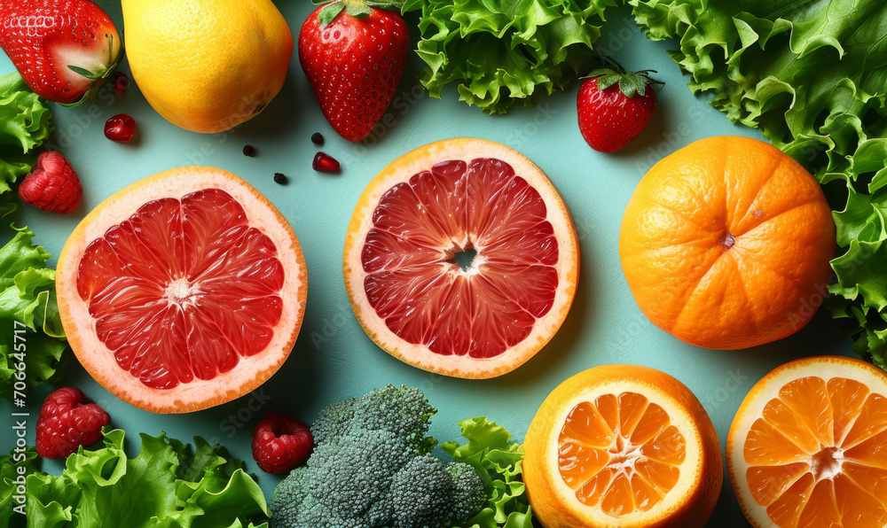 Assorted Fresh Fruits and Vegetables on Blue Background. A vibrant assortment of various fresh fruits and vegetables placed on a blue surface.