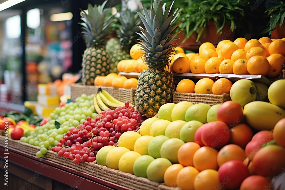 Assortment of ripe fruits on the market counter