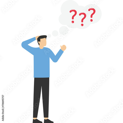 thoughtful businessman sitting like a thinker on a thought bubble. Think solution, focus on new ideas, concentration or contemplation, skeptical or rational concept, think critically to solve problems