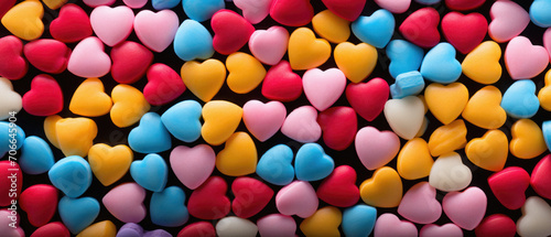 Colorful heart shaped candies on black background. Valentines day background.
