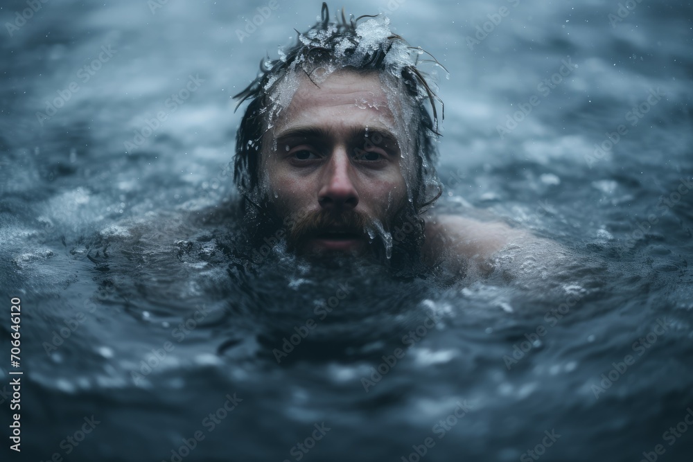 Determined Man immersing in icy water on winter day. Cold river ice snow. Generate Ai