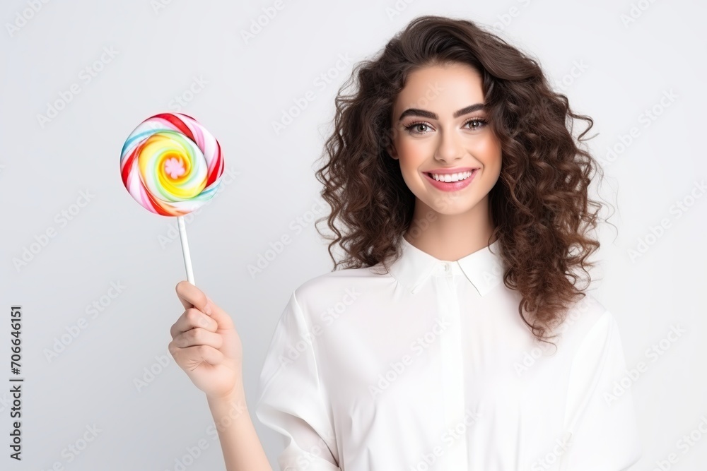 Young woman holding colorful rainbow lollipop on white background