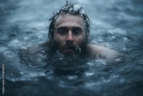 Determined Man immersing in icy water on winter day. Cold river ice snow. Generate Ai © juliars