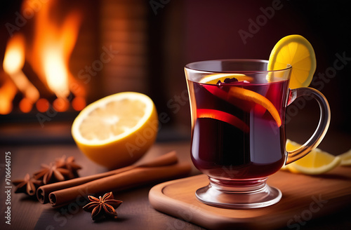 Christmas red wine mulled wine with spices on a wooden brown stand. Traditional hot drink for Christmas.