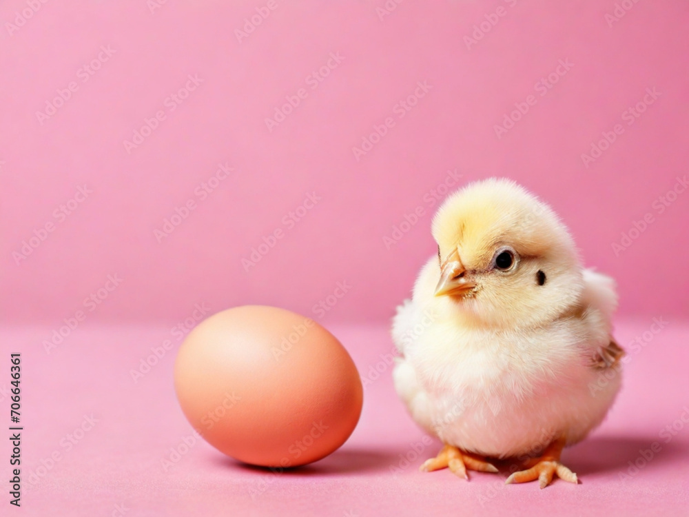 Little chicken looking at the egg on pink background with copyspace ai image 
