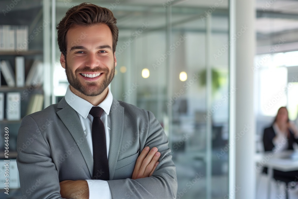 cute businessman smiling with crossed arms in office cute businessman smiling with crossed arms in office