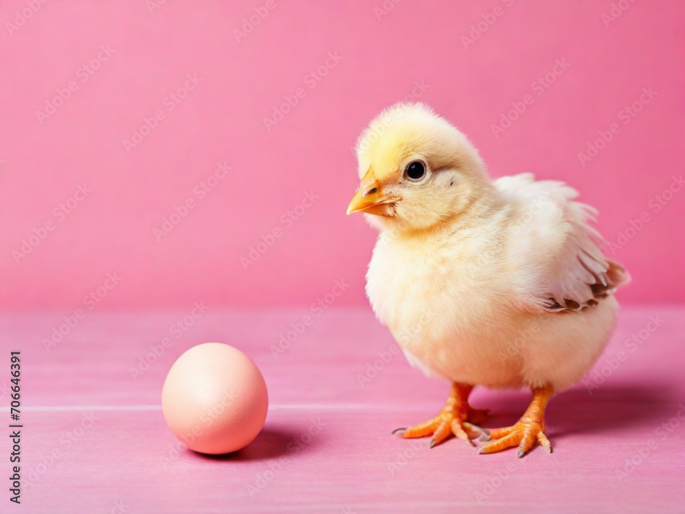 Little chicken looking at the egg on pink background with copy space