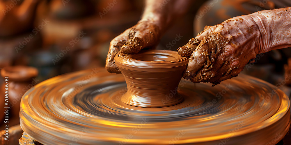 Um close-up das mãos de um oleiro moldando delicadamente um vaso de argila em uma roda de oleiro, destacando a natureza tátil da cerâmica.