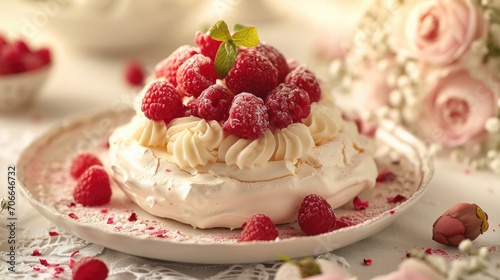 Food photography, raspberry rose lychee pavlova, with a gentle rose petal drop, on a luxurious vintage lace tablecloth photo