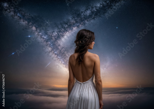 Girl against the sky. Back view. Milky Way. Bare back. Generative AI