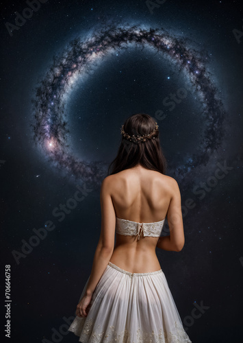 Girl against the sky. Back view. Milky Way. Bare back. Generative AI