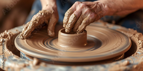 Um close-up das mãos de um oleiro moldando delicadamente um vaso de argila em uma roda de oleiro, destacando a natureza tátil da cerâmica. photo