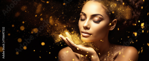 Girl with gold makeup and gold dust particles on her hands on black background panorama with space for your text