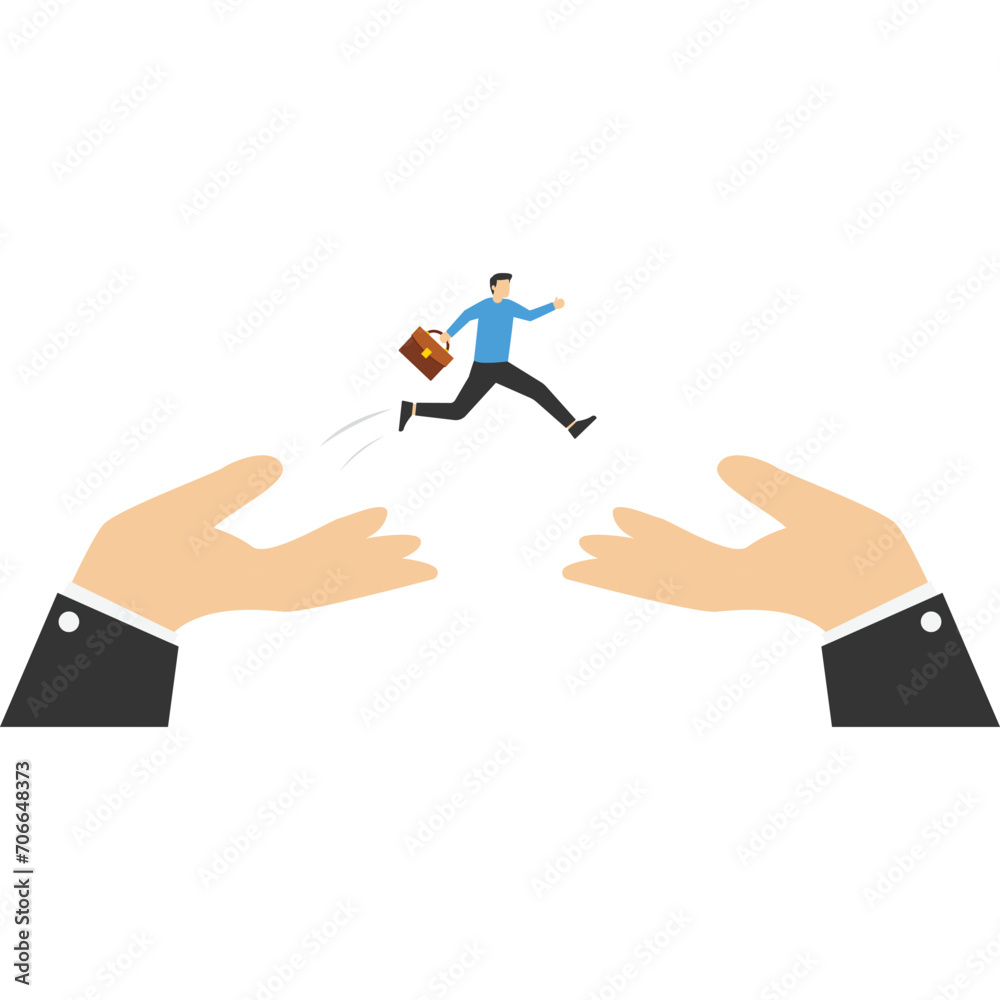 confident businessman jumping from giant hands to new place. Changing jobs or careers, getting out of toxic positions, the concept of improvement, determination and courage to change to a better place