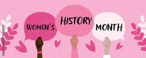 Banner for Women History Month with raised female hands
