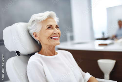 Beautiful elderly woman in the dentist's chair smiling with white teeth