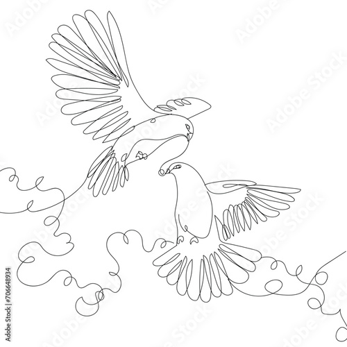 Drawn couple of flying doves and heart shape on white background