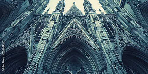 Uma imagem detalhada dos altos pináculos e arcos pontiagudos de uma catedral gótica, exibindo as intrincadas esculturas em pedra e o design majestoso do estilo arquitetônico gótico. photo
