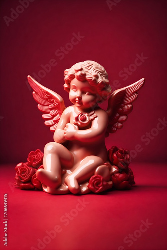 Ceramic cupid holding a flower. Cute small angel with roses