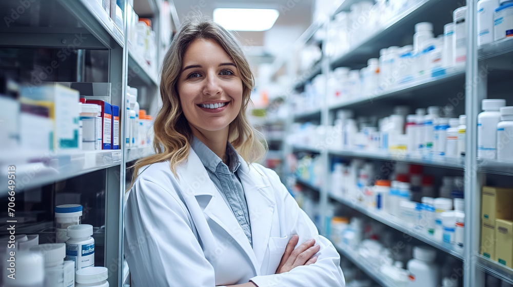 Pharmacist smiling in a white coat.