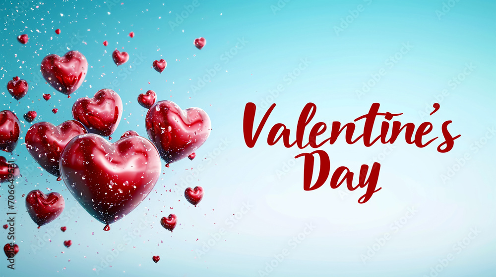 Top view of the background with red and pink hearts on a blue background and the inscription Valentine's Day. Top view of the background with red and pink hearts on a blue background and the inscription Valentine's Day.