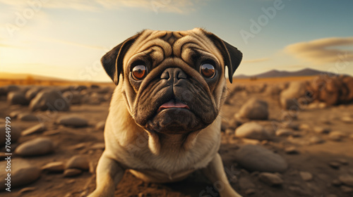 pug in nature, among the stone desert, the dog is scared © Юлия Паляница