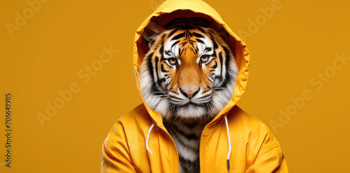 Tiger in yellow jacket with hood on yellow background panorama