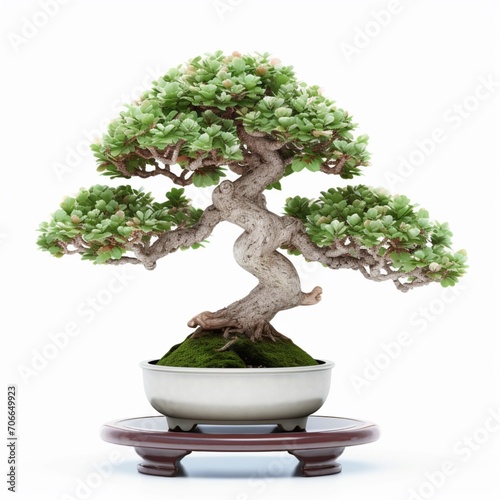 Beautiful green old bonsai plant vase isolated white background