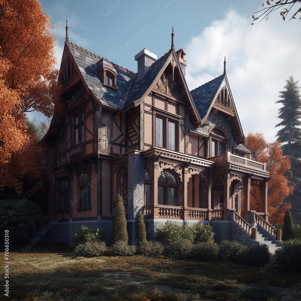 House with elements  in gothic architectural style.