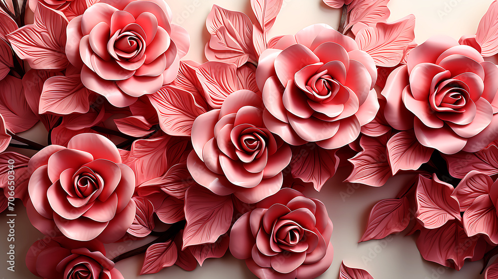 Bright, pink rose seamless flower for wall tiles design, 3d illustration