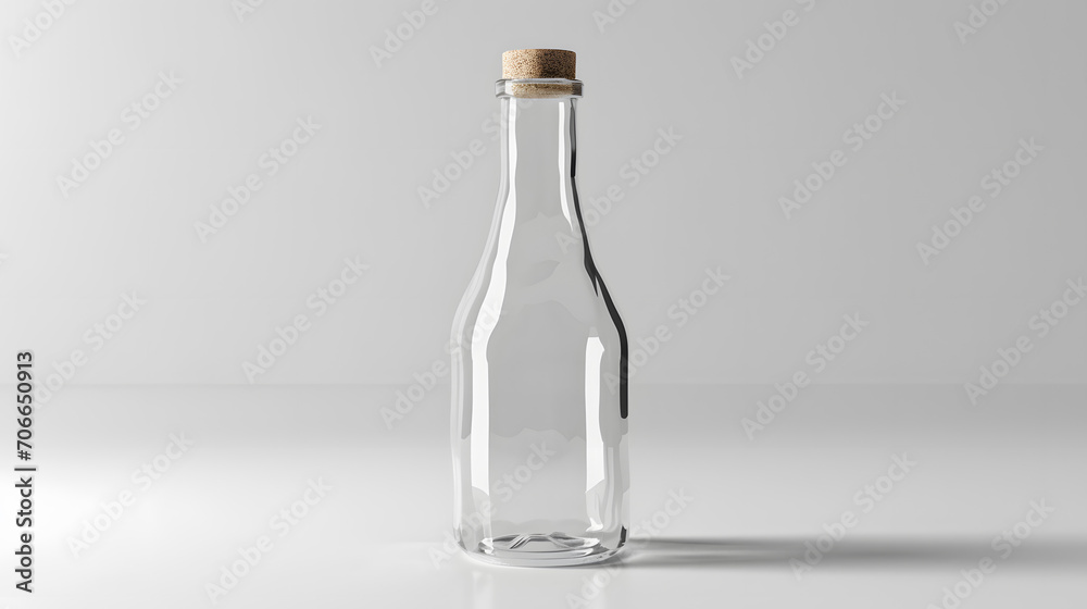 Empty Clear Glass Bottle with Cork Mockup on White Background Empty Clear Glass Bottle with Cork Mockup on White Background
