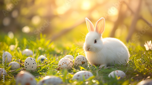 White Bunny with Easter Eggs in Sunlit Spring Grass