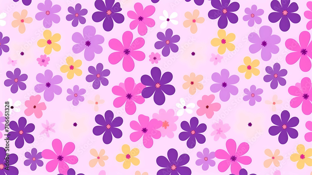 Geometric raster abstract floral ornament simple minimalist seamless pattern. ornamental texture with flower shapes in purple, yellow, pink with pink background. 