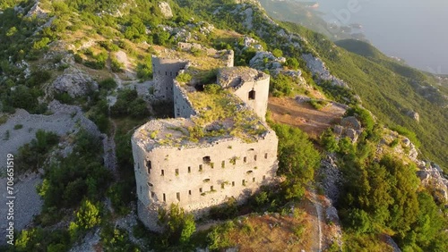 Aerial drone view of Fort Kosmach in Montenegro. Fortress is located near Budva. Old castle was built in Austro-Hungarian Empire as defensive structure and observation post. Sights of Montenegro photo