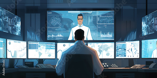 Uma cena de estúdio de arte digital apresentando um designer gráfico em um computador, cercado por várias telas exibindo ilustrações intricadas e elementos de design
