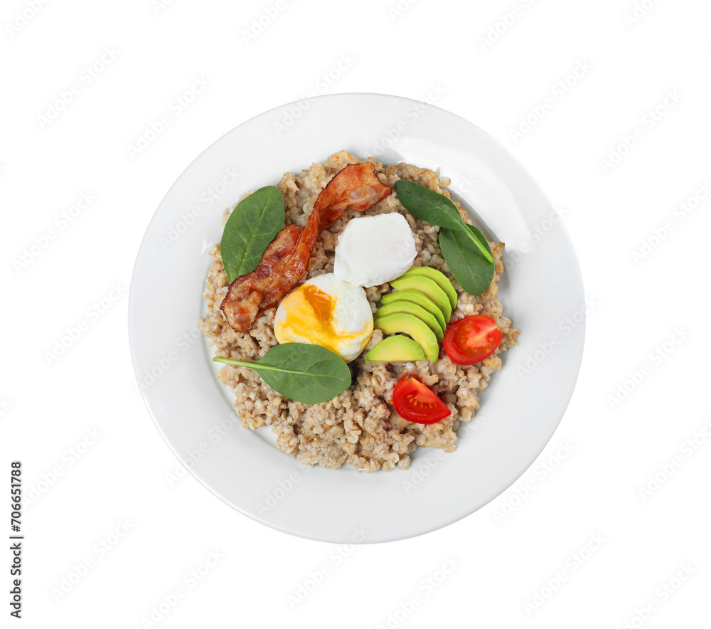 Delicious boiled oatmeal with poached egg, bacon, avocado and tomato isolated on white, top view