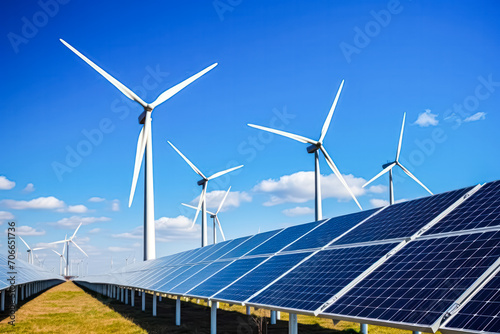 Solar panels and wind turbines in a grassy field with sunlight
