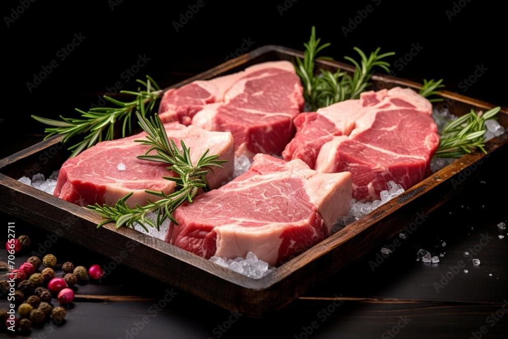 Raw lamb meat chops steaks in a wooden tray. Black background. Top view.