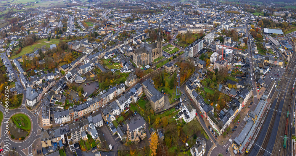 Aerial view of the city Arlon in Belgium on a cloudy afternoon in autumn.