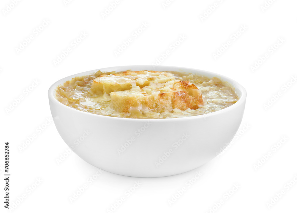 Delicious onion soup with croutons in bowl isolated on white Delicious onion soup with croutons in bowl isolated on white