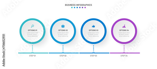 Timeline infographic with infochart. Modern presentation template with 4 spets for business process. Website template on white background for concept modern design. Horizontal layout. photo